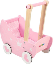 Wooden Doll Pram Push Along Pink Princess Toy with Bedding 3+