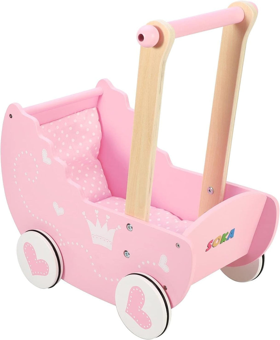 Wooden Doll Pram Push Along Pink Princess Toy with Bedding 3+