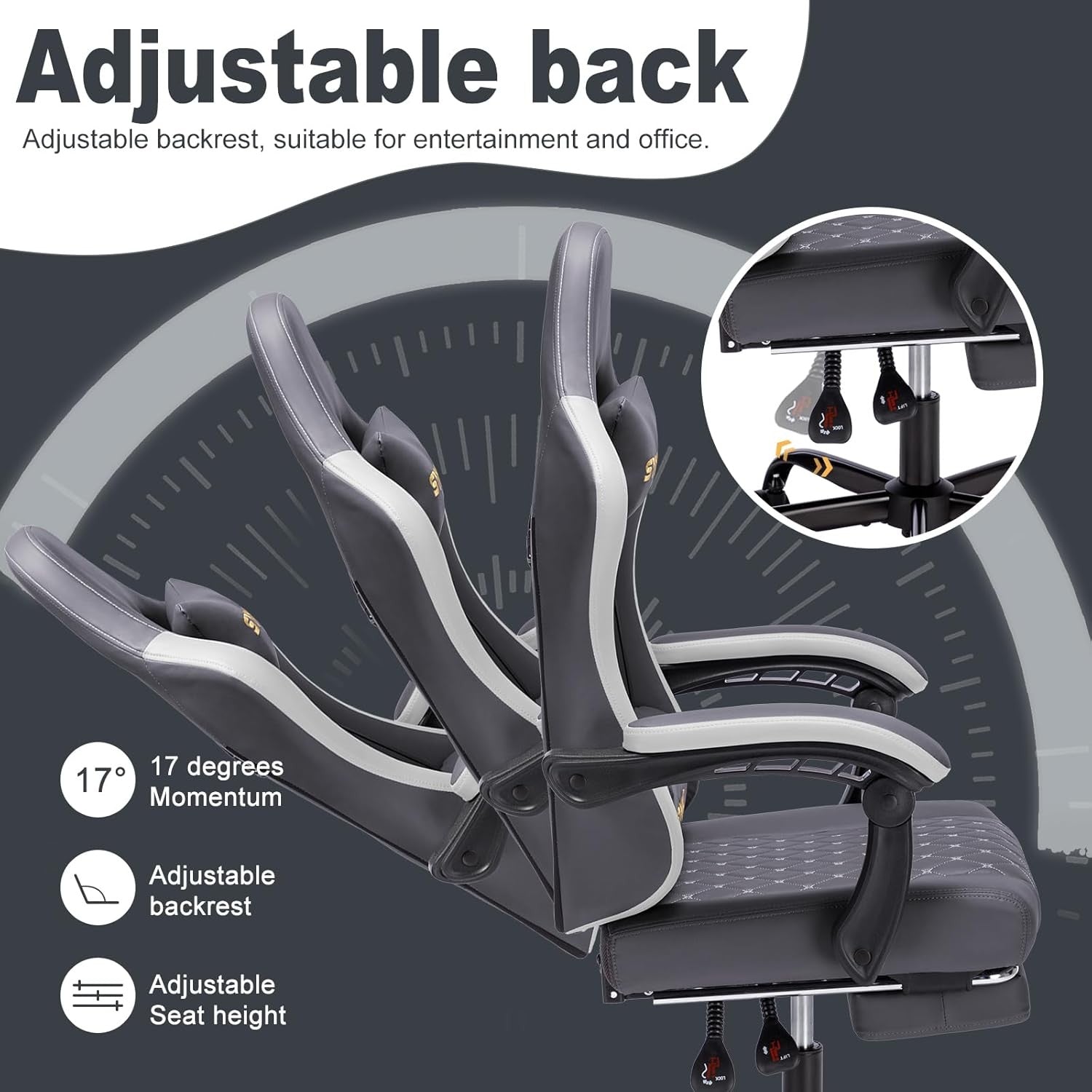 Ergonomic Gaming Chair w/ Footrest Recliner PU Leather Grey Grey White