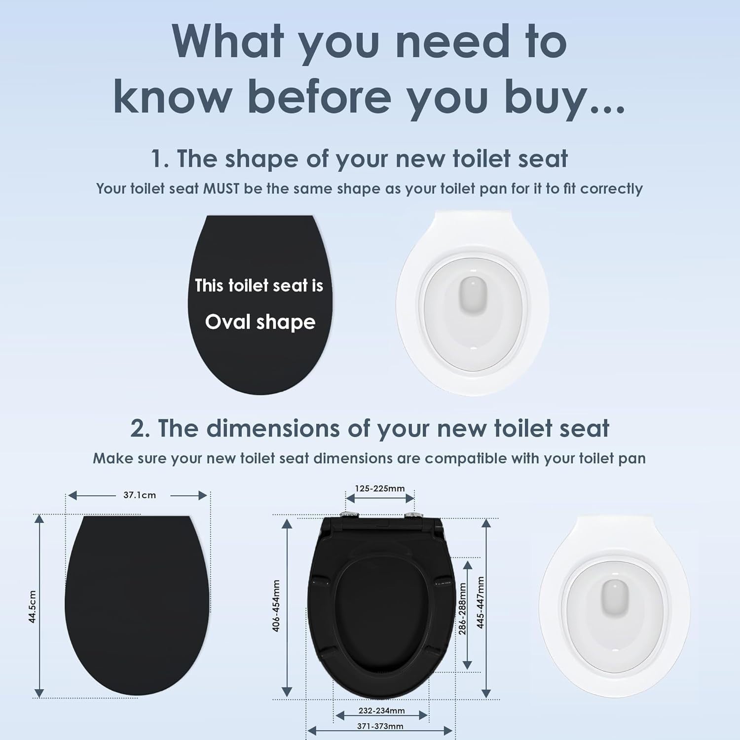 Black Oval Toilet Seat Thermoplastic Quick Release Top & Bottom Fix 45x37cm