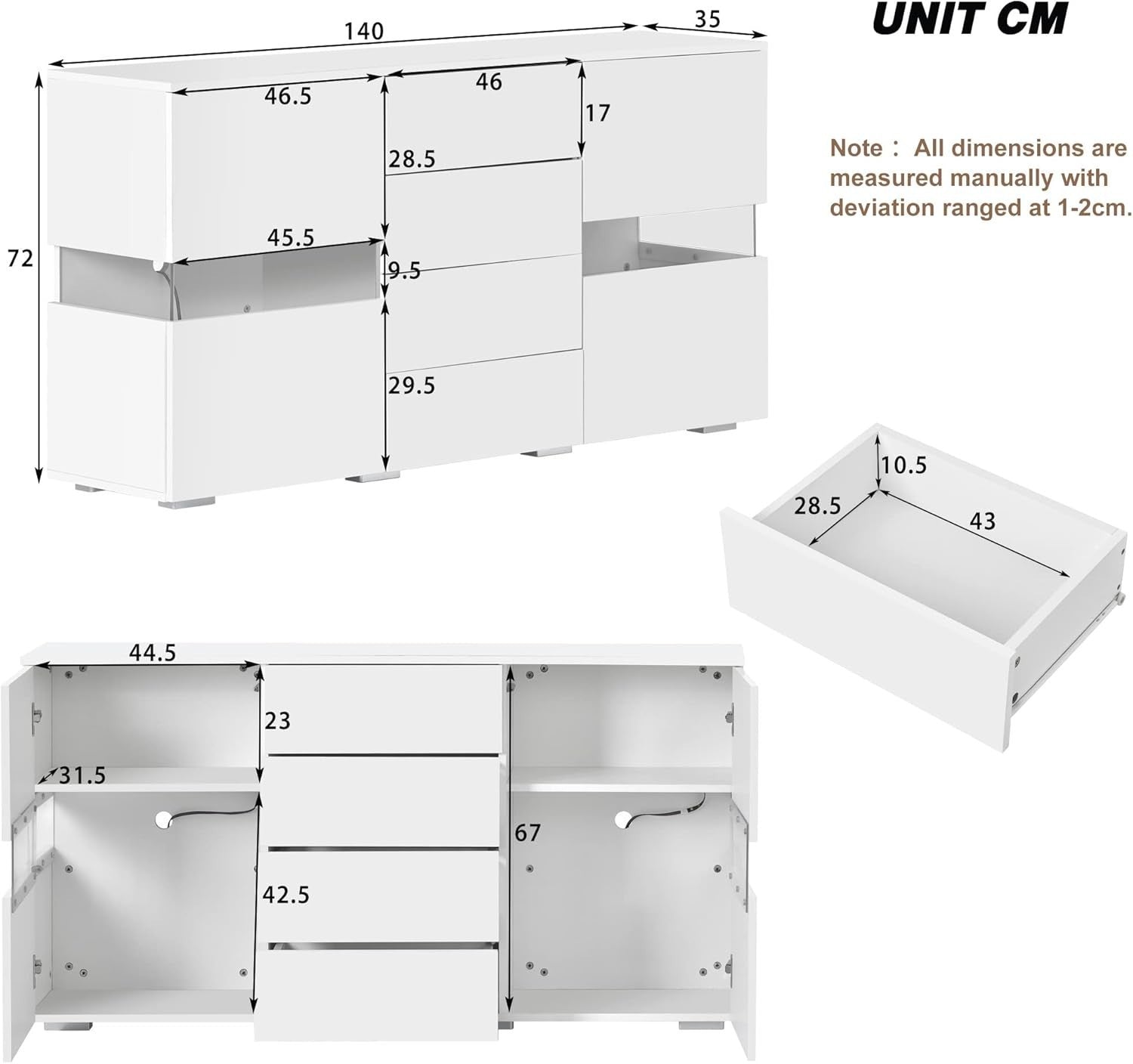 White Gloss LED Sideboard Cabinet 2 Door 4 Drawer Storage RGB USB