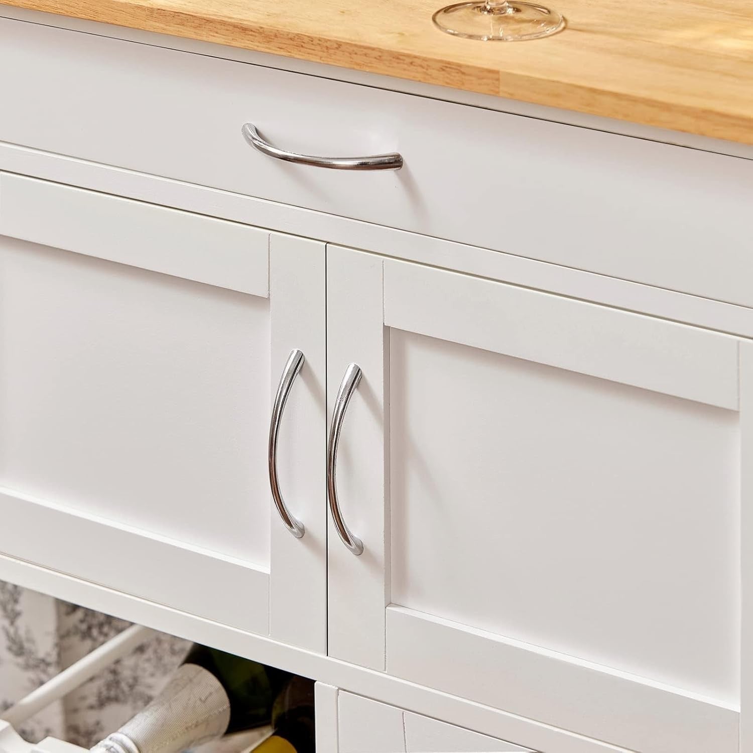 Kitchen Trolley on Wheels Storage Cart with Wine Rack Drawer Wooden Top