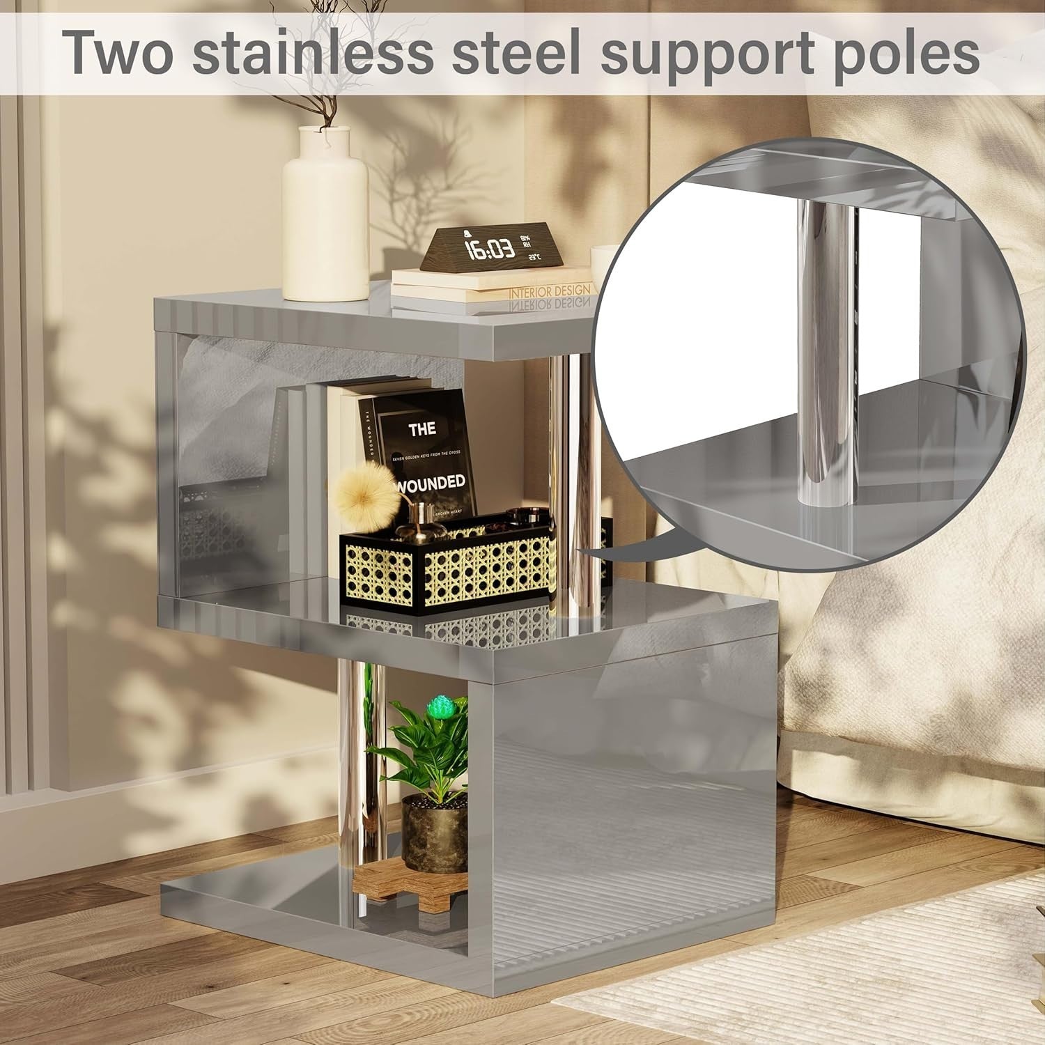Grey Modern S-Shaped LED Side Table with RGB Lights & Storage Shelves 44x38x57cm