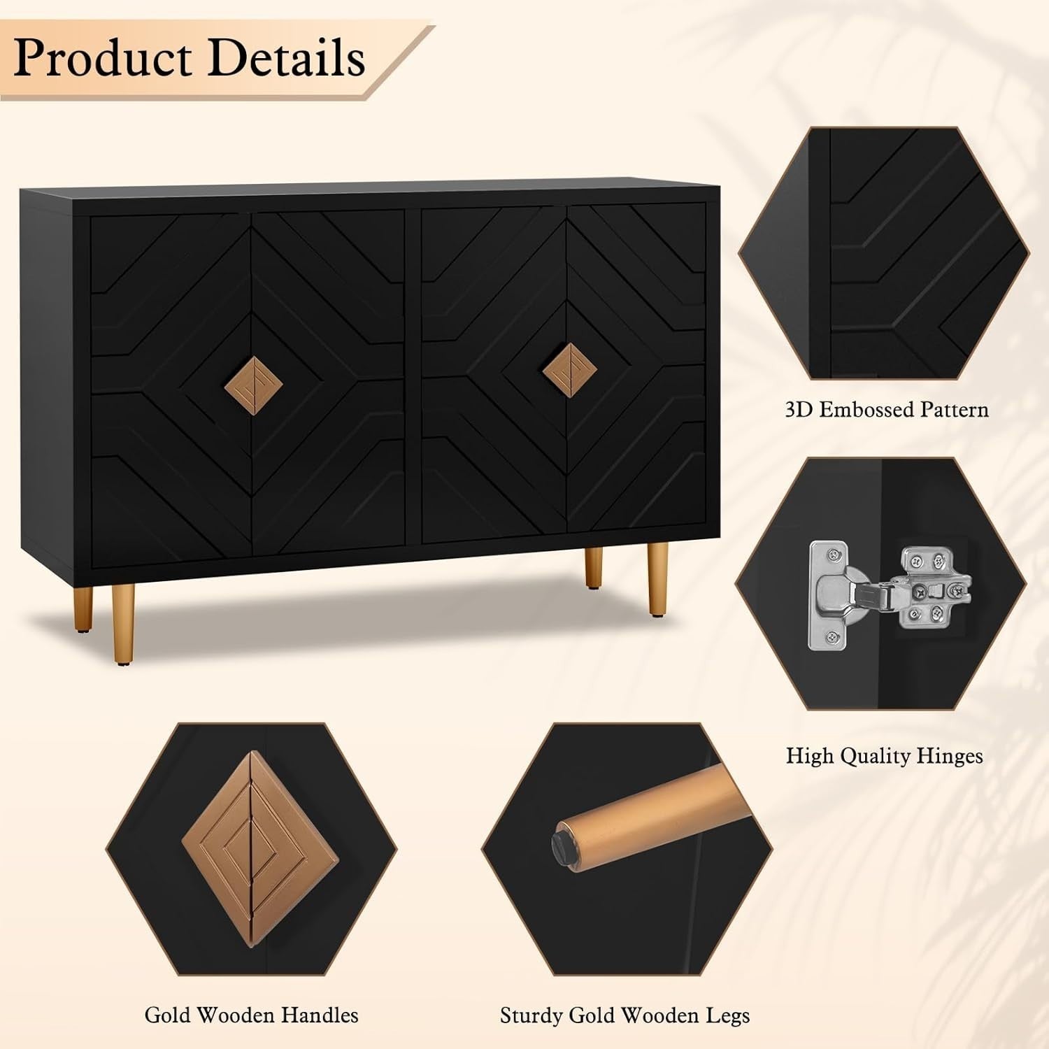 Black Modern Sideboard Cabinet 4 Doors Waterproof Storage Buffet Table