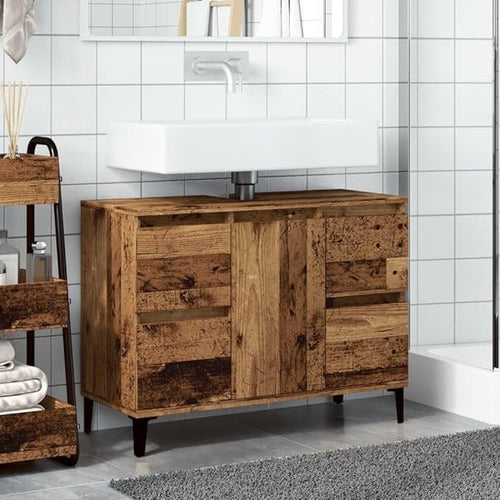 Rustic Oak Under Sink Bathroom Cabinet 80cm Vintage Vanity Unit with Drawers