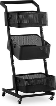 3 Tier Rolling Storage Trolley Metal Basket Organizer with Wheels Black