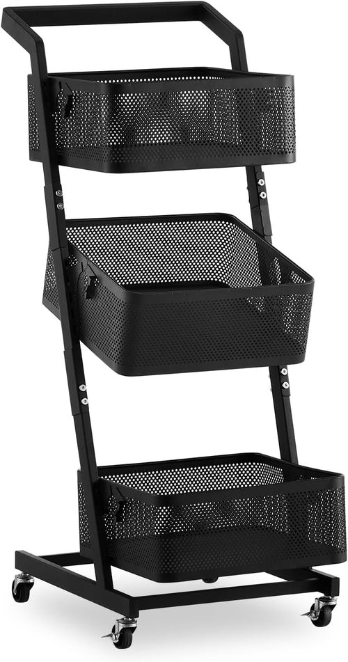 3 Tier Rolling Storage Trolley Metal Basket Organizer with Wheels Black