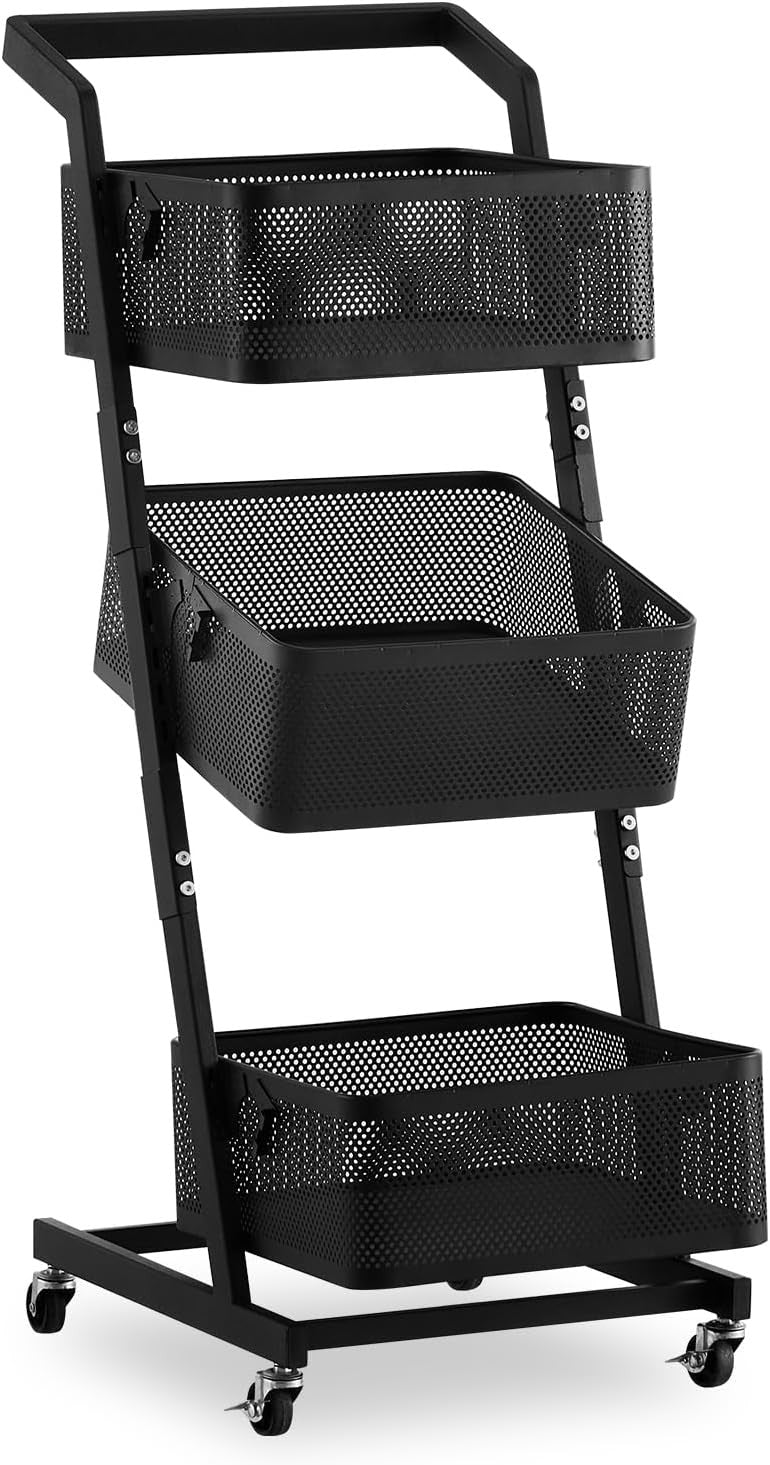 3 Tier Rolling Storage Trolley Metal Basket Organizer with Wheels Black