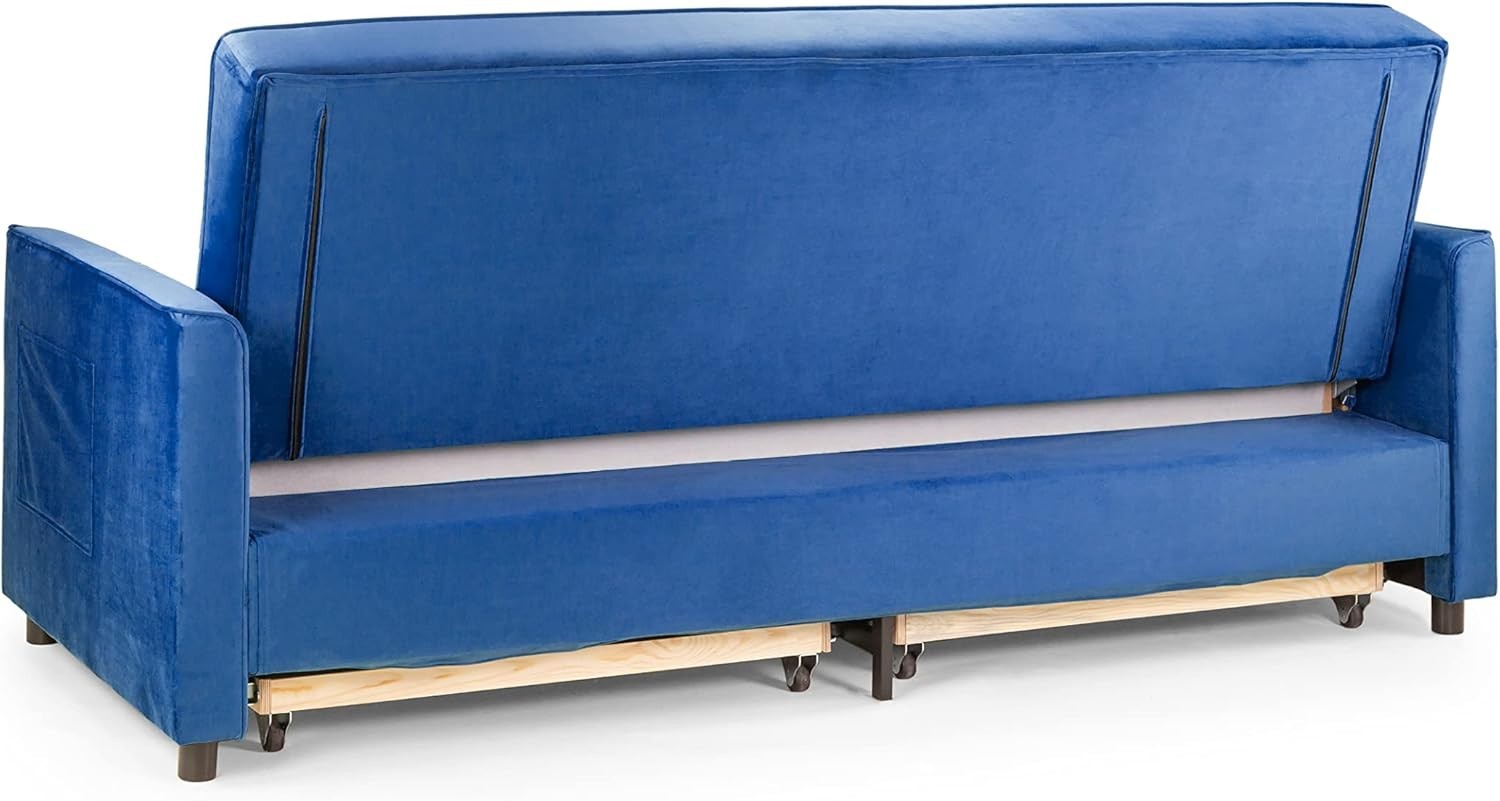 Blue Velvet Sofa Bed 3 Seater Pull Out Guest Bed Storage Cushions