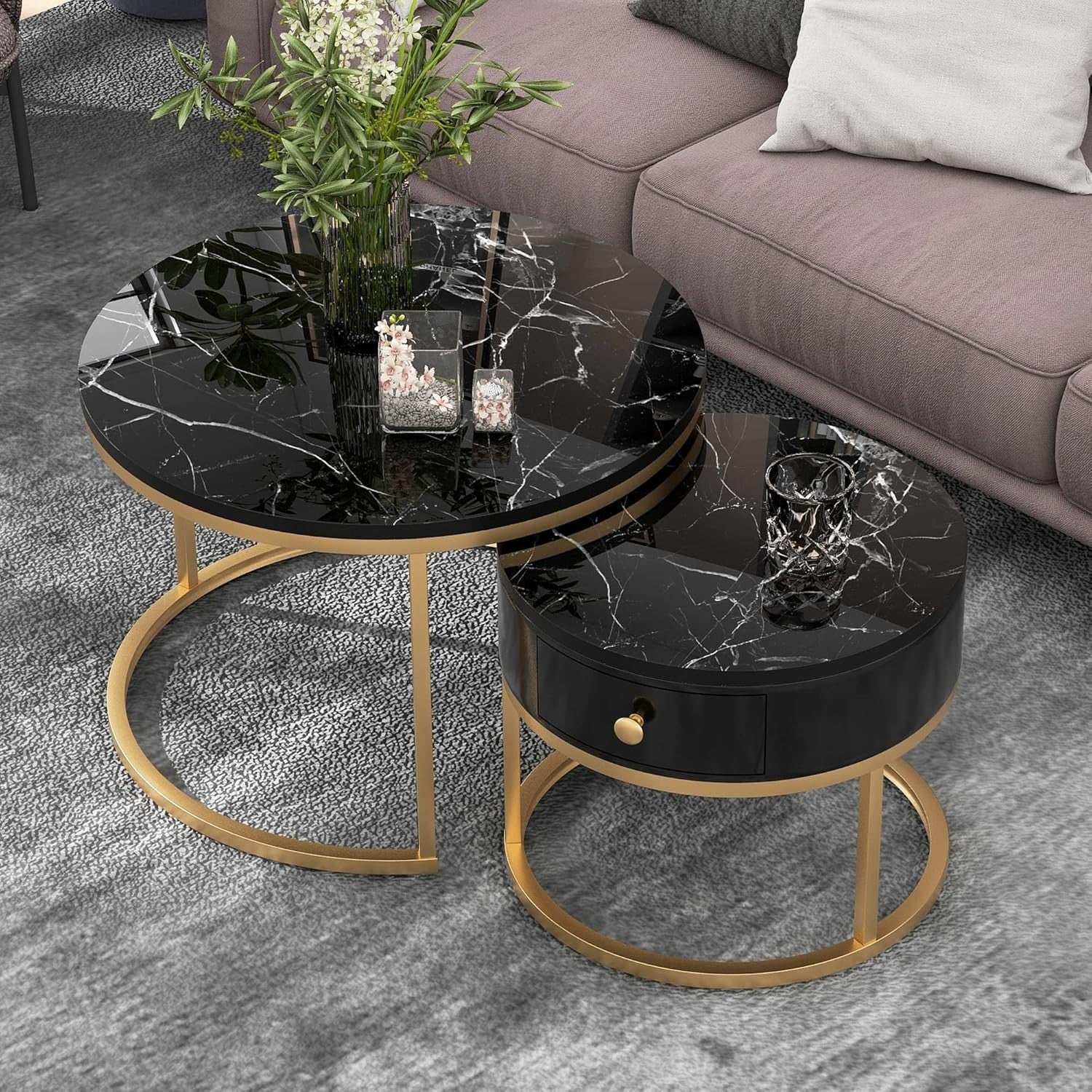 Nested Coffee Tables Set of 2 Black Drawer Round Modern End Side Living Room