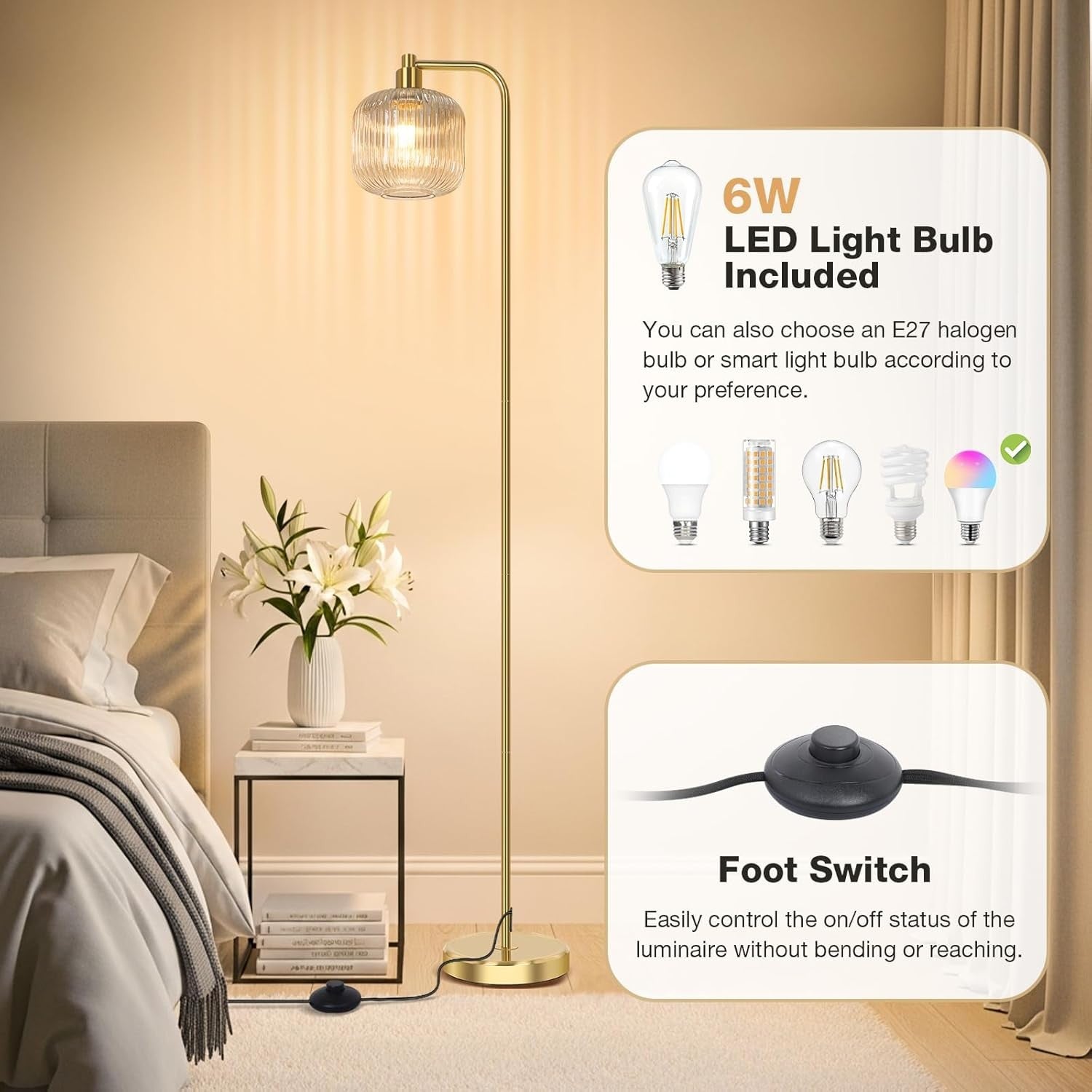 Modern Floor Lamp Tall Standing Light Pedal Switch Glass Shade Living Room