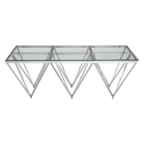 Modern Glass Coffee Table with Silver Prismatic Base – Art Deco Design