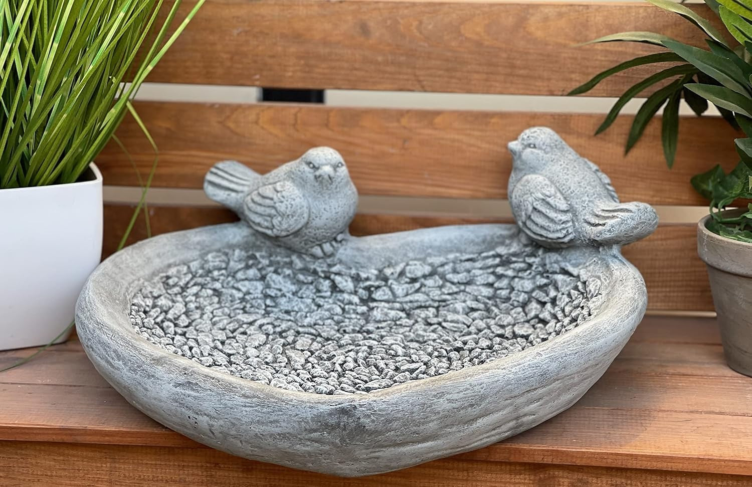 XL Stone Bird Bath 34cm | Frost-Proof Garden Bowl with 2 Birds Design