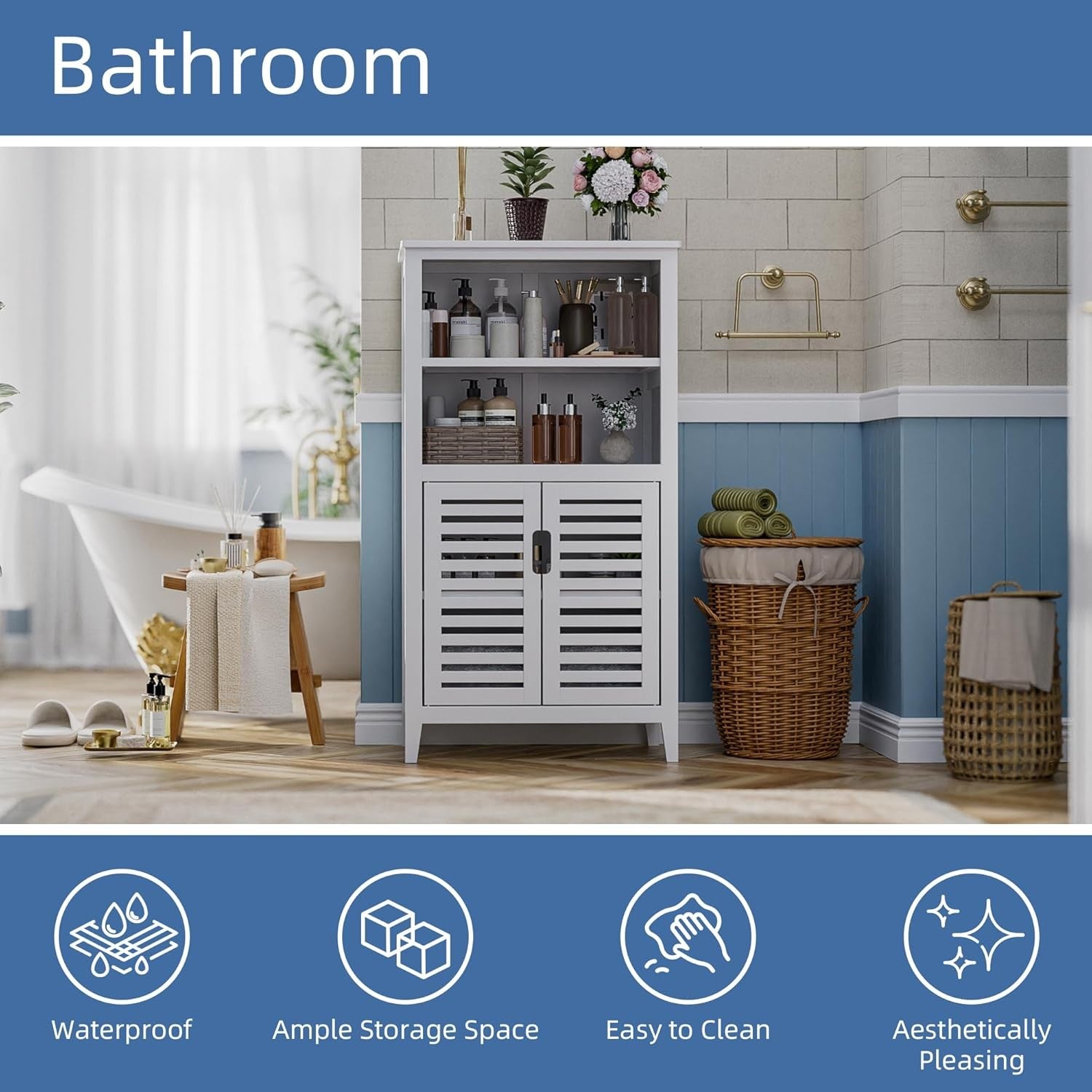 White Bamboo Storage Cabinet with Shutter Doors Adjustable Shelves