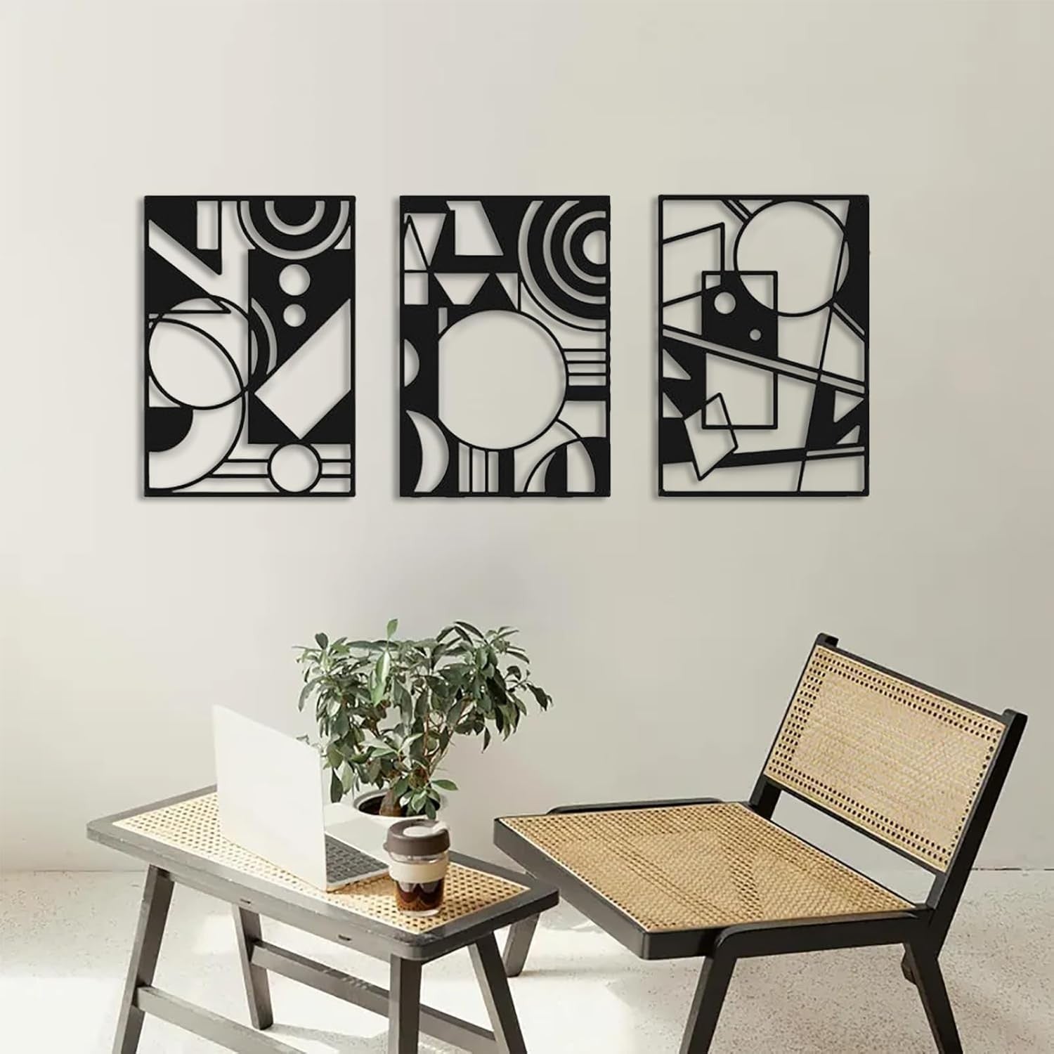 Large Abstract Metal Wall Art Set Modern Geometric Hanging Decor Black