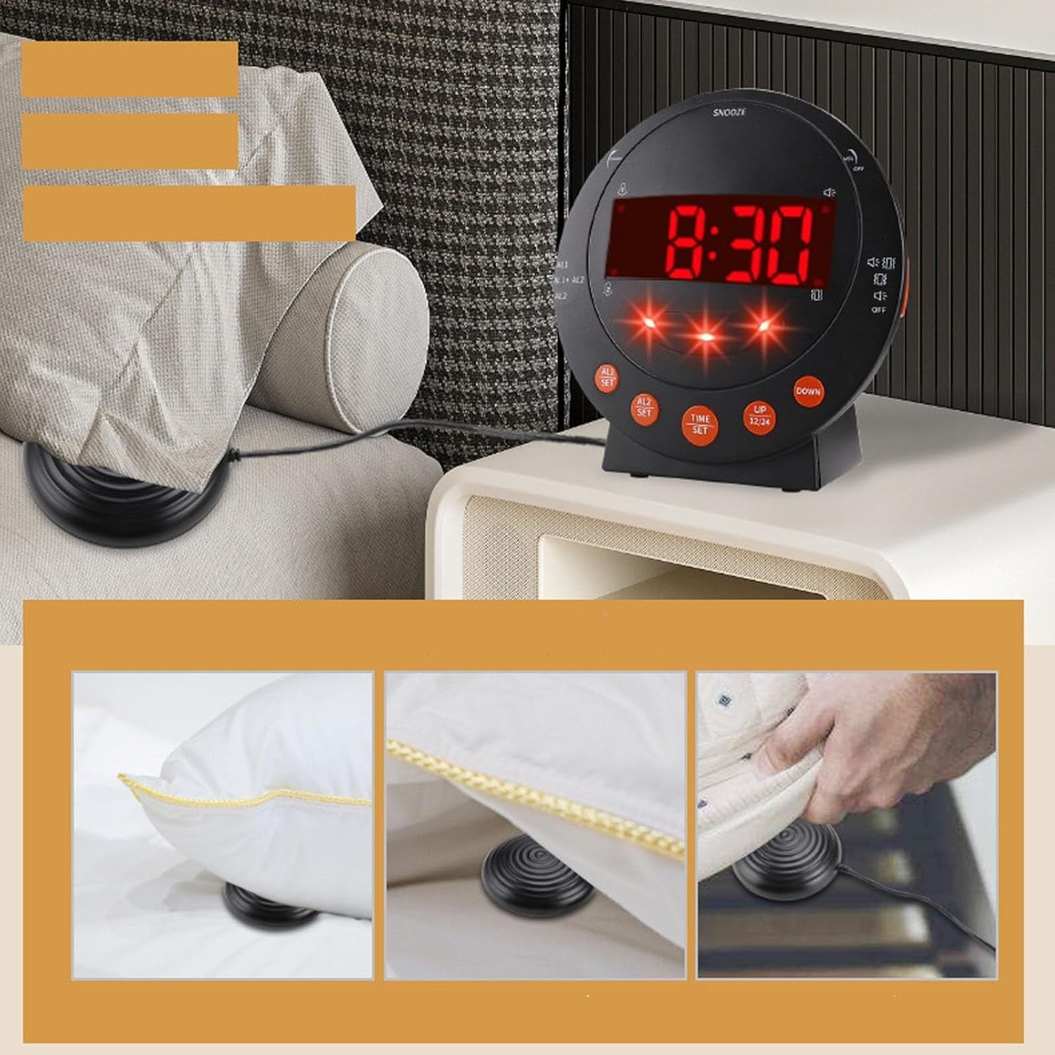 Vibrating Alarm Clock Loud Heavy Sleepers Bed Shaker LED Digital Display