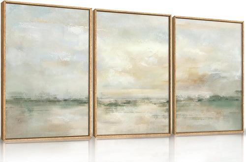 Abstract Green Grey Framed Canvas Wall Art Set 3 Neutral Modern Prints