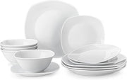 12 Piece White Dinner Set Plates Bowls Porcelain Square Chip Resistant for 4