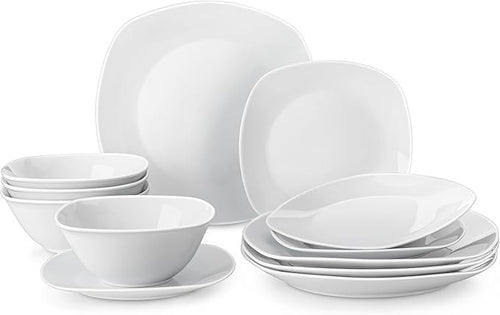 12 Piece White Dinner Set Plates Bowls Porcelain Square Chip Resistant for 4