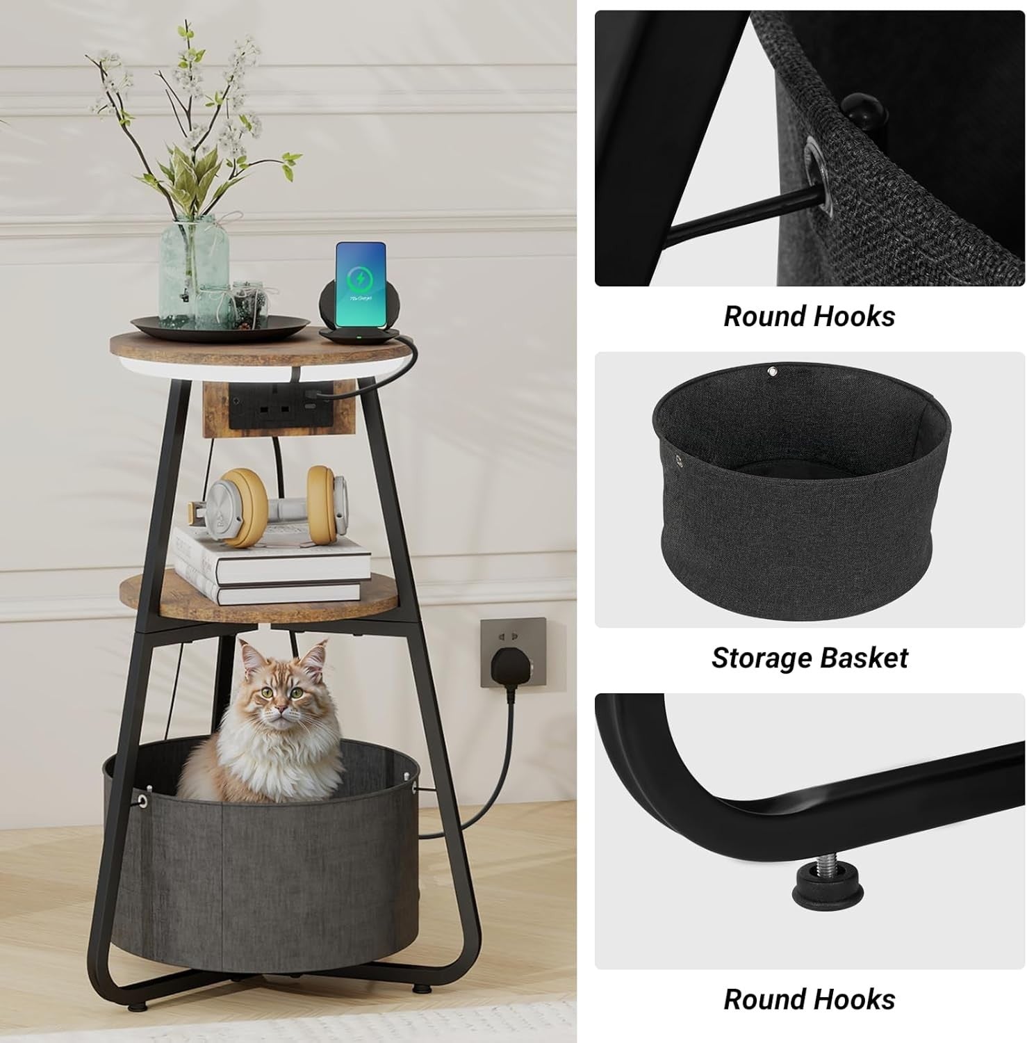 Round Side Table with Charging Station, 3-Color LED & 3-Tier Storage Shelf