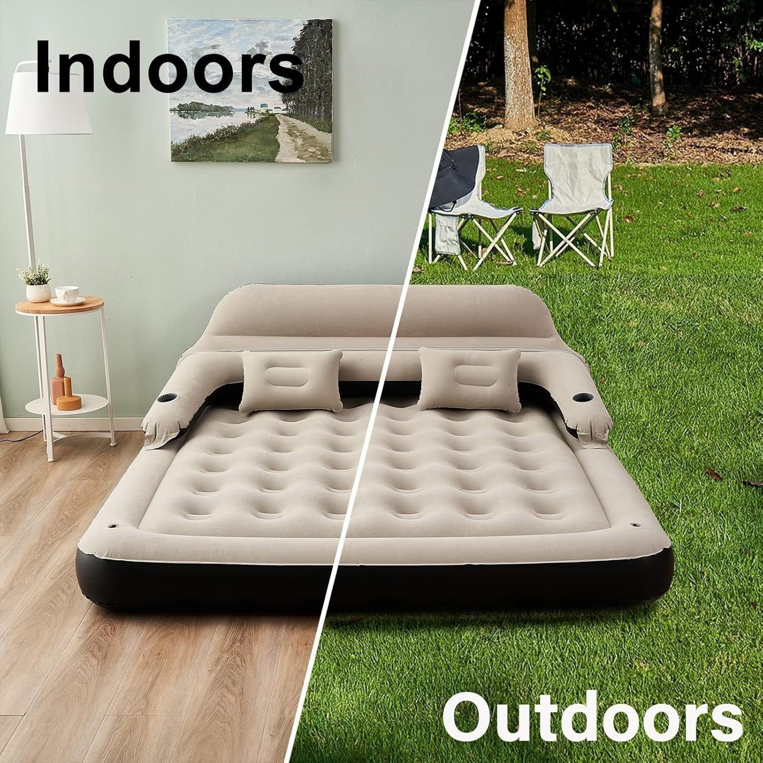 Queen Inflatable Air Mattress with Pillows & Adjustable Backrest Sofa Bed