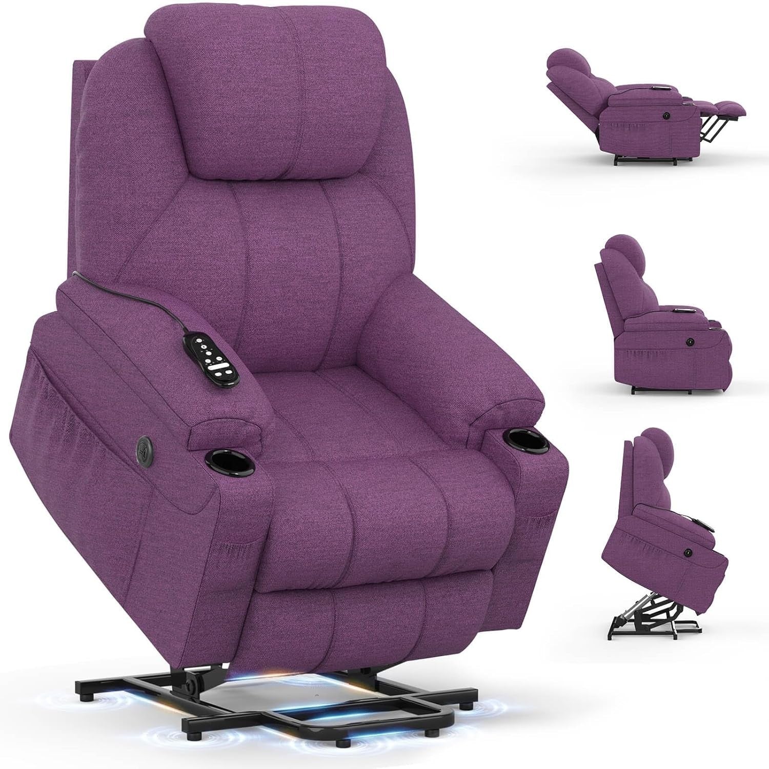 Power Lift Recliner Chair Massage Heat USB Type-C Cup Holders Fabric Purple