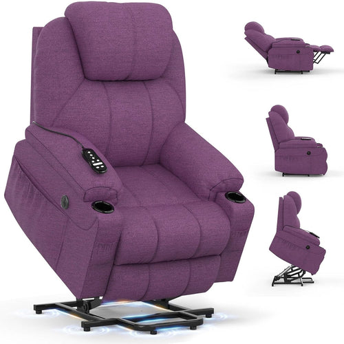 Power Lift Recliner Chair Massage Heat USB Type-C Cup Holders Fabric Purple