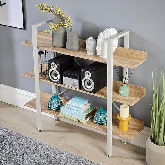 Wide 3 Tier Ladder Shelf Bookcase Modern Oak Effect Storage Unit Metal Frame
