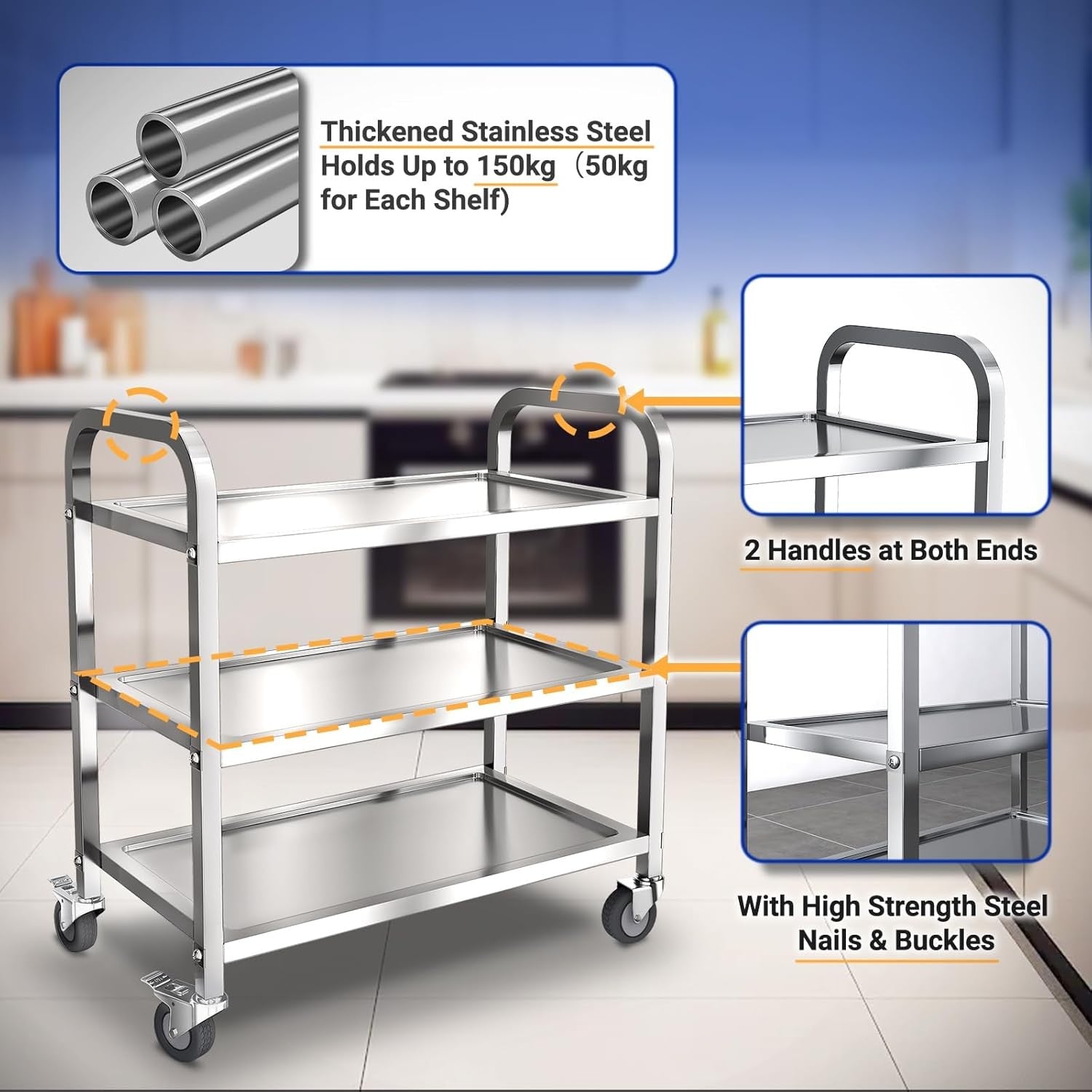 3 Tier Stainless Steel Kitchen Trolley Cart on Wheels Lockable Cart