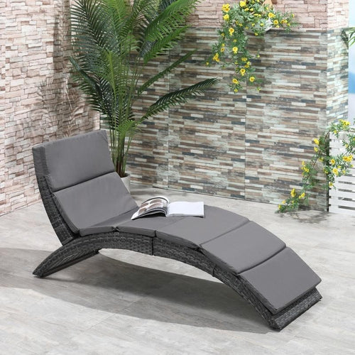 Grey PE Rattan Folding Sun Lounger Recliner Chair Cushioned Garden
