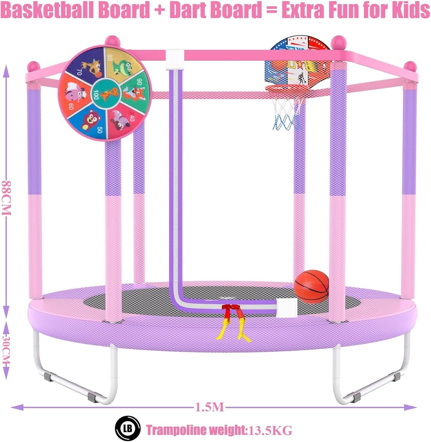 Kids Trampoline with Basketball Hoop Safety Net Indoor Outdoor 145cm