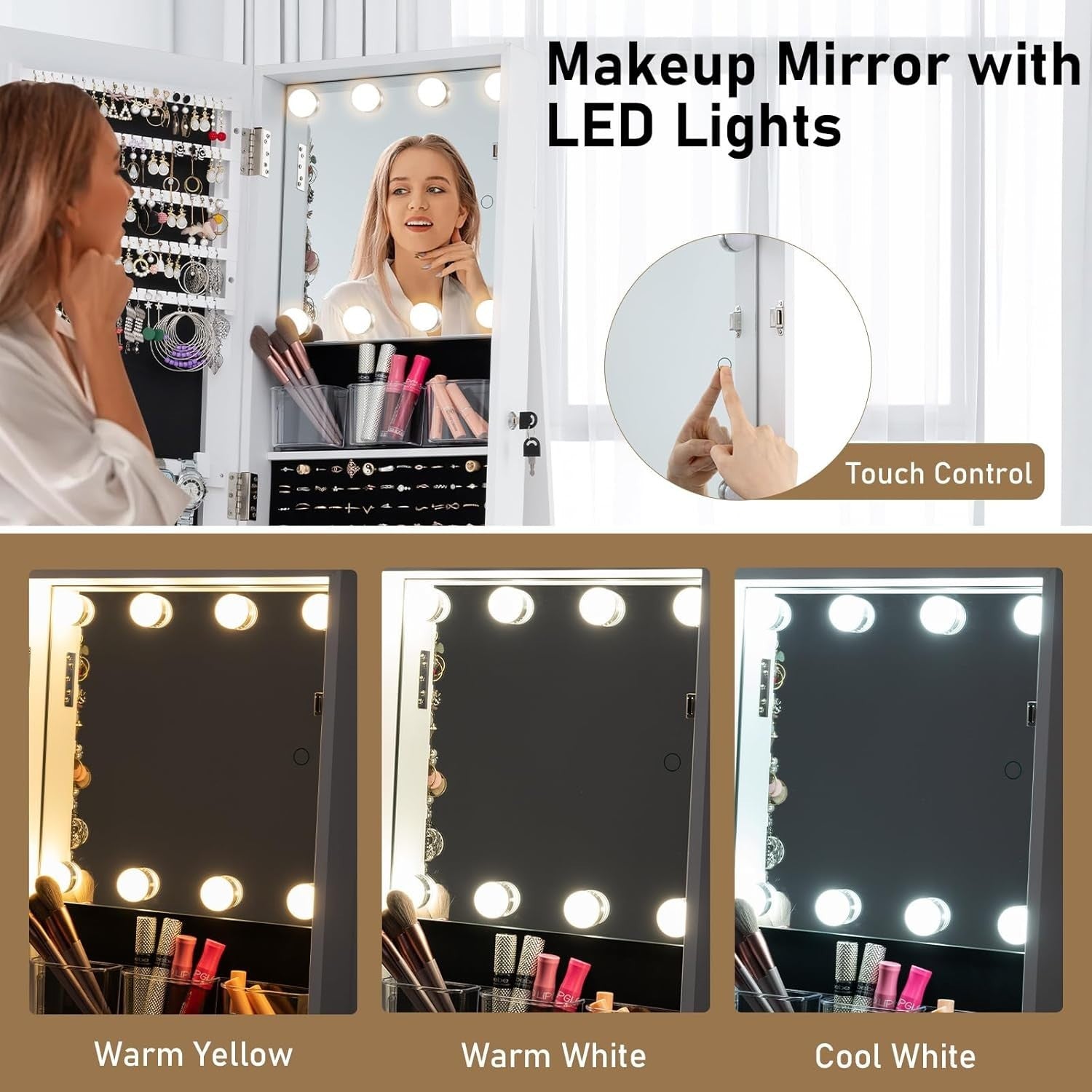 White 360° Swivel Jewelry Cabinet LED Makeup Mirror Lockable Storage