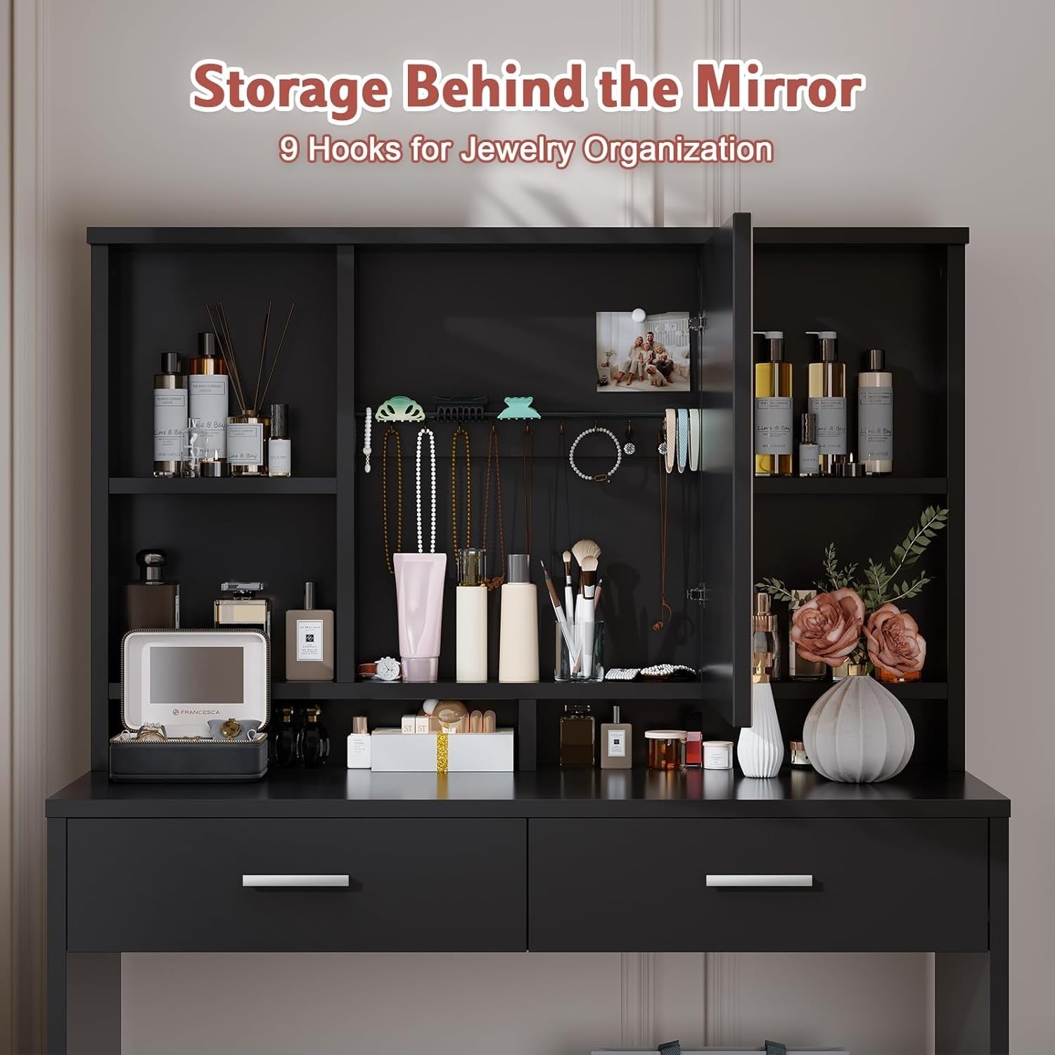 LED Dressing Table Black Vanity Desk 3-Colour Mirror Storage 2 Drawers Modern
