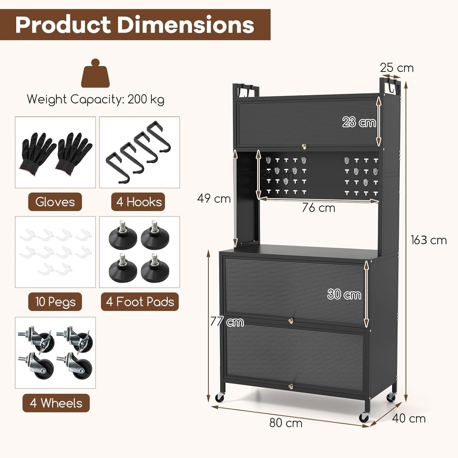 80x40x163cm Black Rolling Kitchen Cabinet 5-Tier Pantry Storage with Wheels
