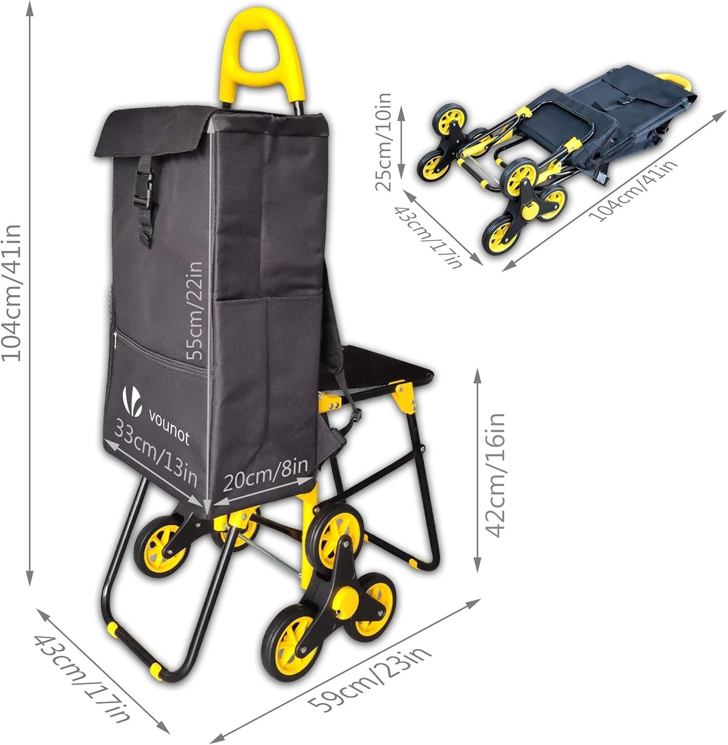 35L 6-Wheel Foldable Shopping Trolley Seat Waterproof Thermal Cart Black/Yellow