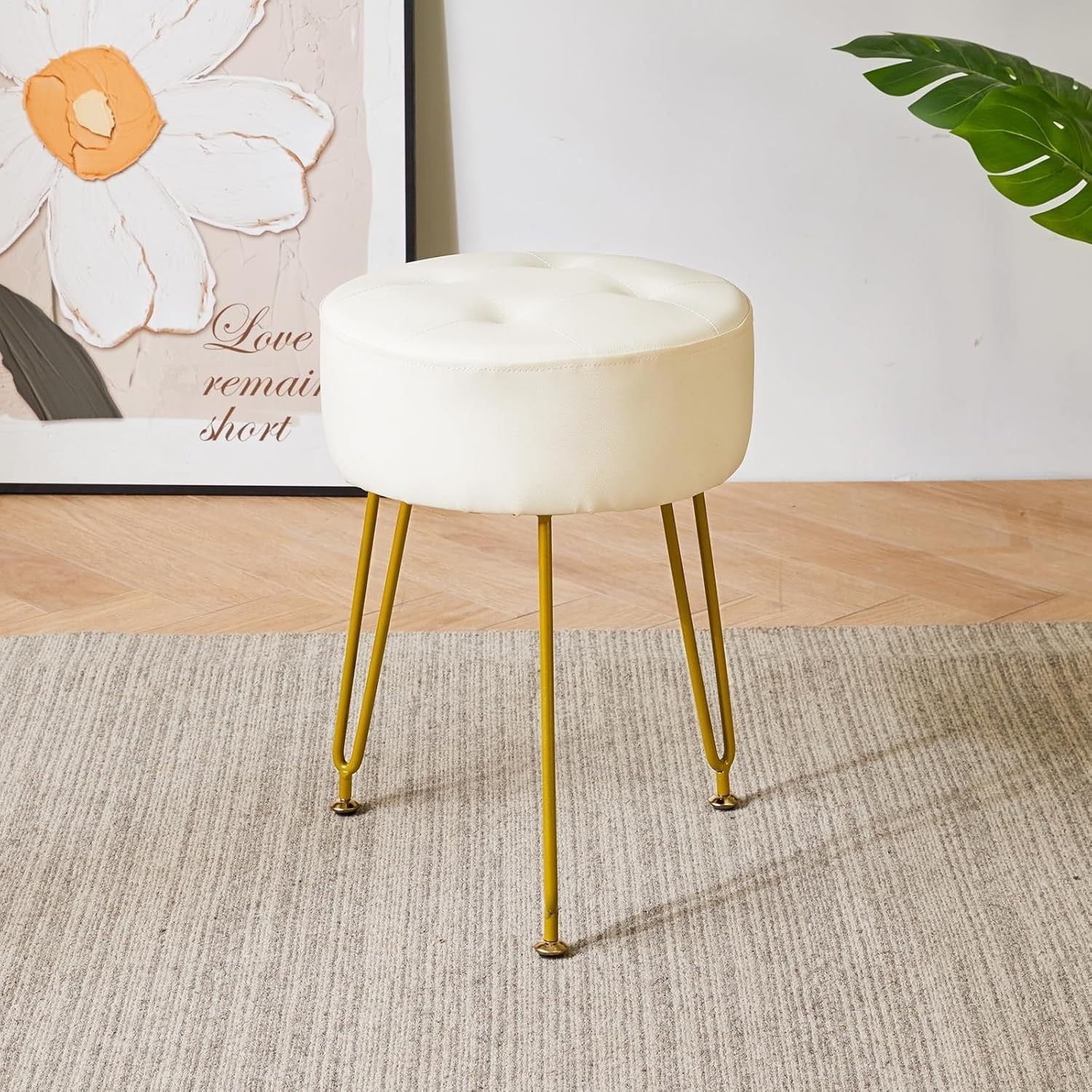 White PU Round Footrest Stool – Velvet-Look Vanity Seat with Gold Legs