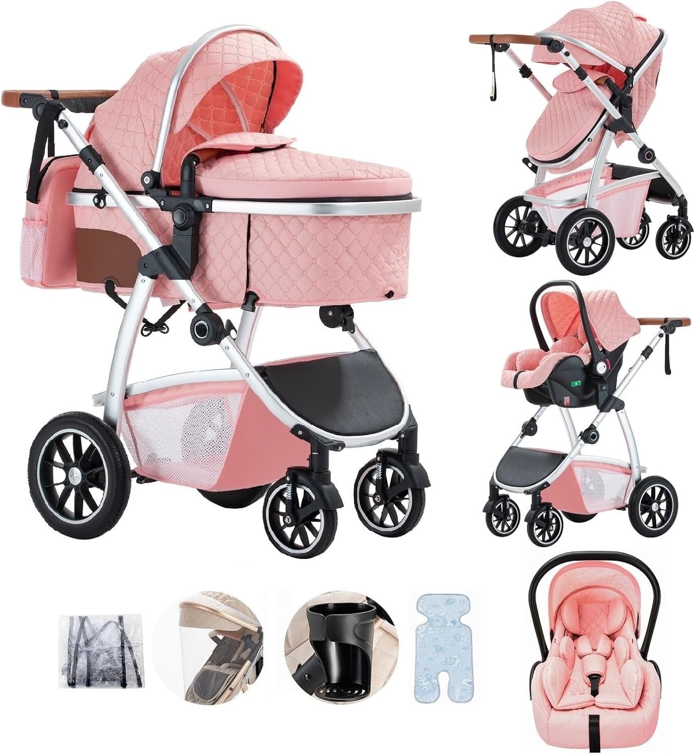 3 in 1 Baby Stroller Pram Pushchair Car Seat Newborn to 4 Years Pink