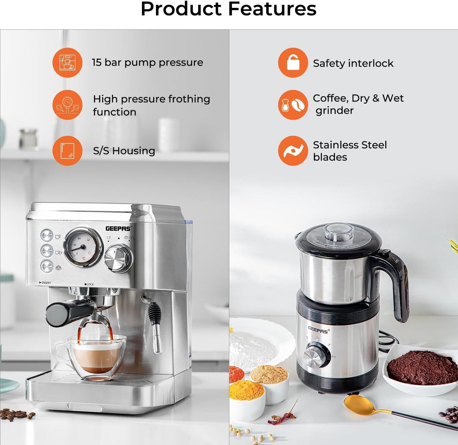 1140W Espresso Machine & 450W Grinder Set | 15-Bar Pressure | Milk Frother