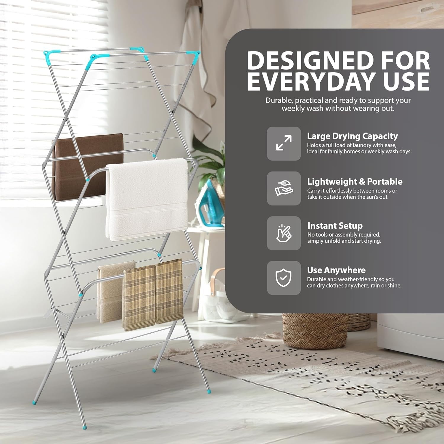 3 Tier Clothes Airer Foldable Drying Rack Steel Laundry Clothes Horse Indoor