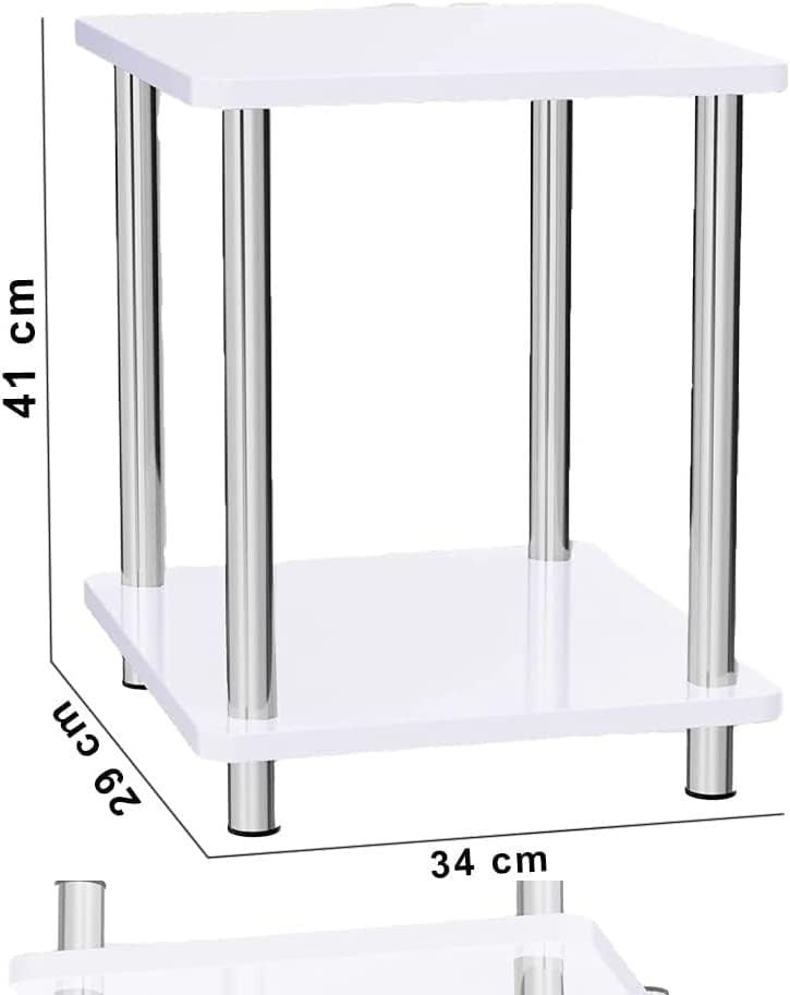 Small White High Gloss Side Table 2 Tier Storage Nightstand Living Room