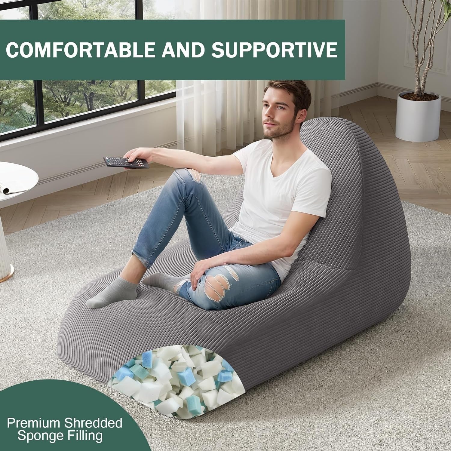 Large Grey Kids Bean Bag Chair with Removable Washable Cover - Durable Seat