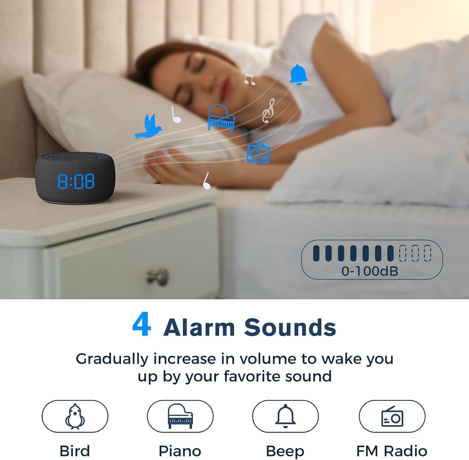 Black Bluetooth Speaker Alarm Clock FM Radio LED Display Bedroom