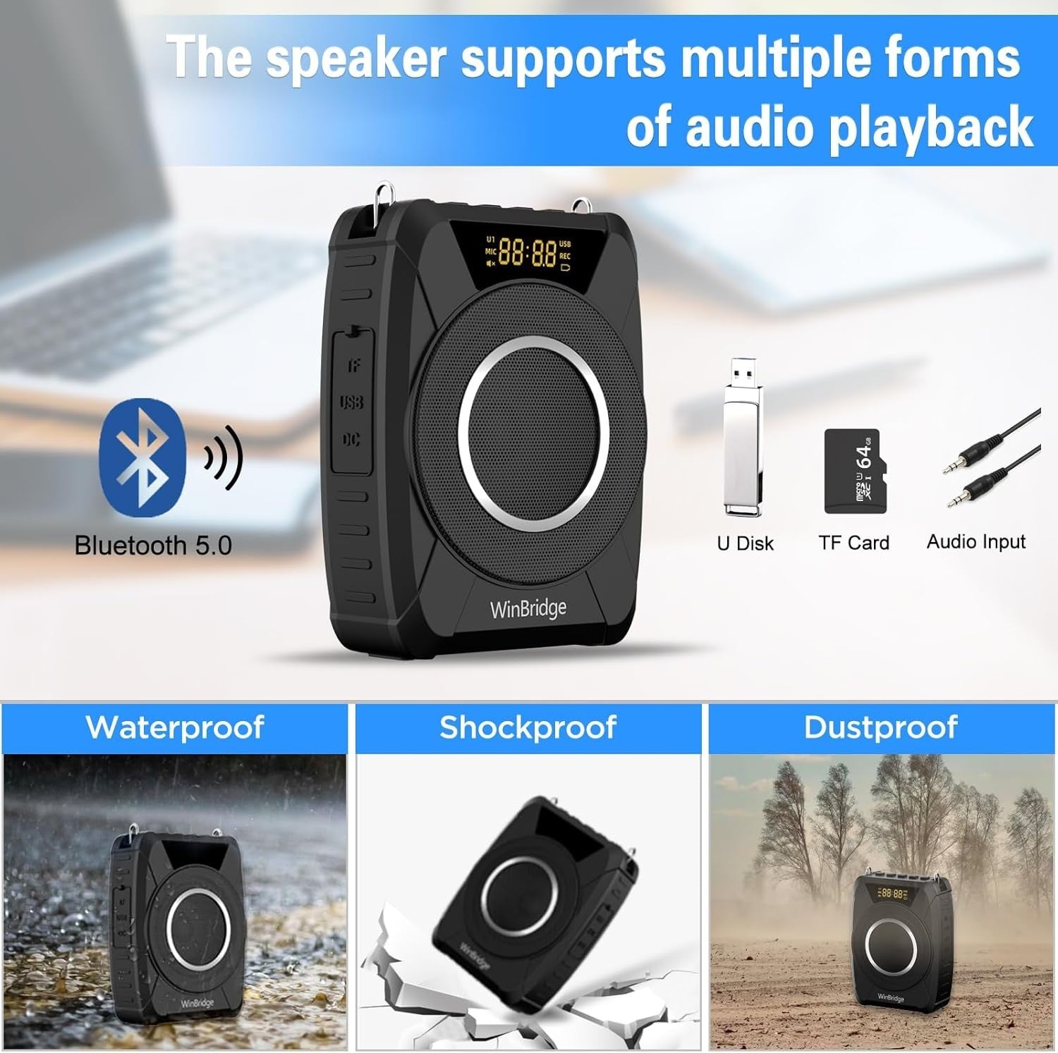 20W Bluetooth 5.0 Voice Amplifier Wireless Mic IPX6 15H PA