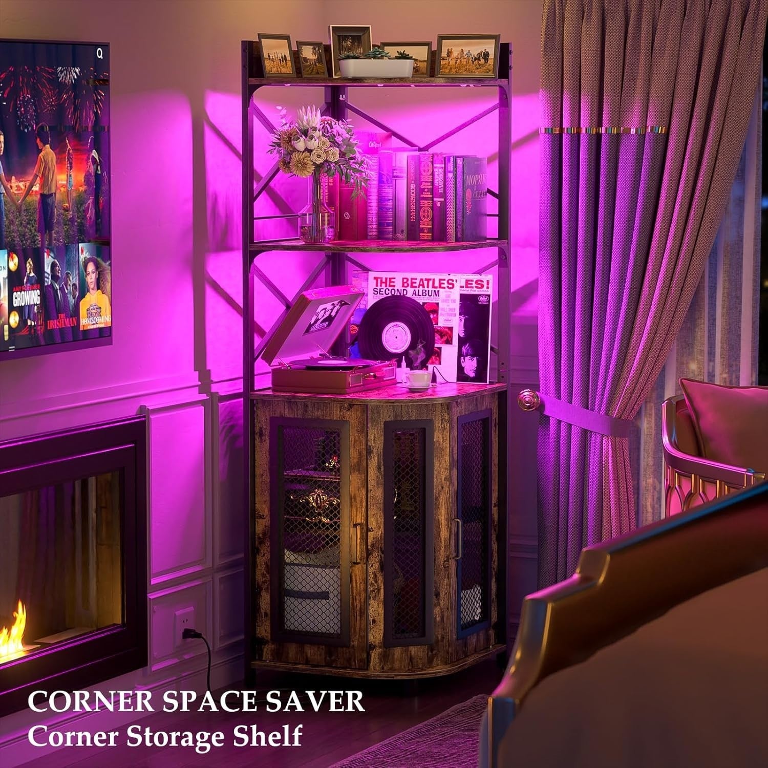 Corner Bar Cabinet with LED Lights & Power Outlets, 5-Tier Rustic Liquor Display