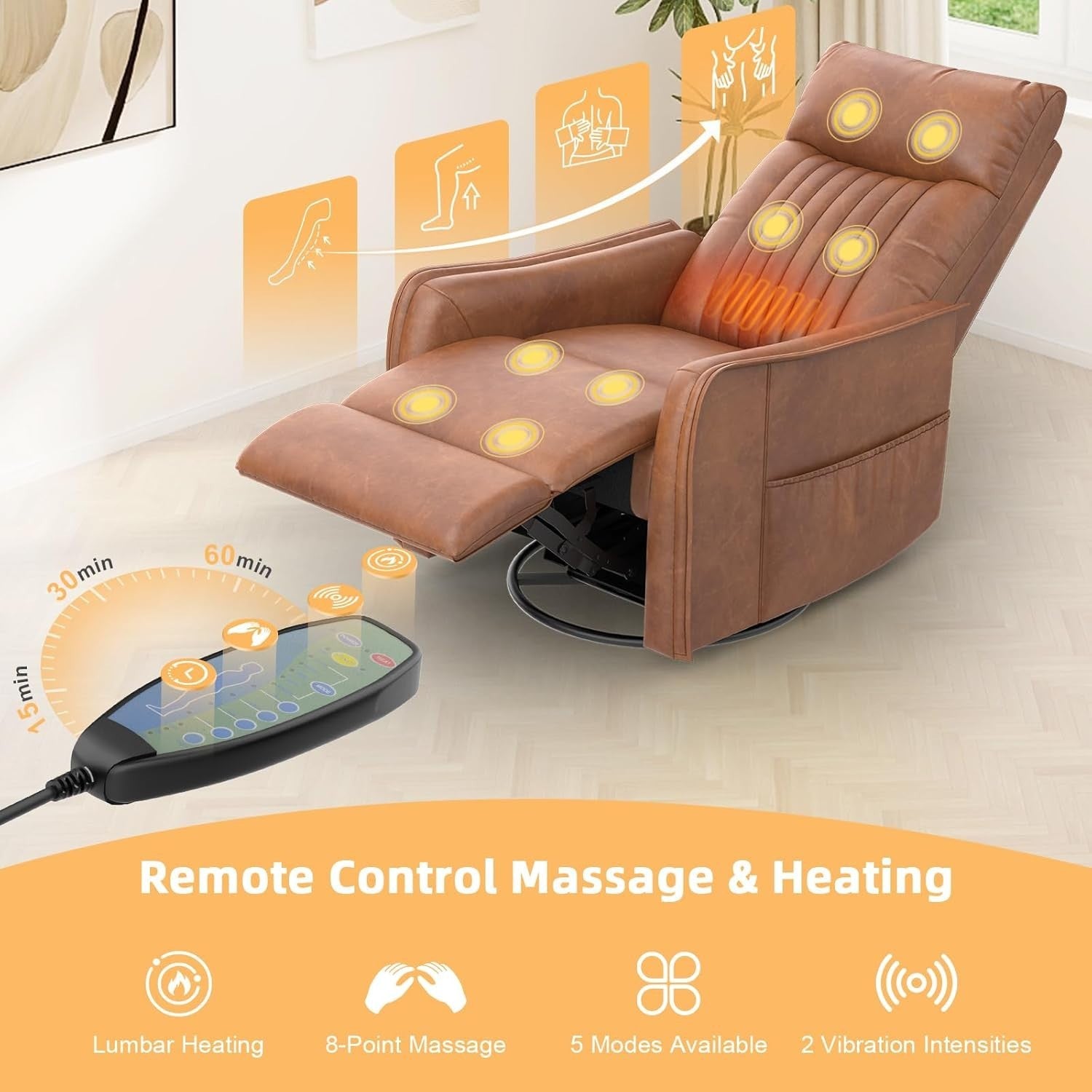 Swivel Rocking Recliner Chair Massage Heat 3-in-1 Footrest Dual Pockets Brown