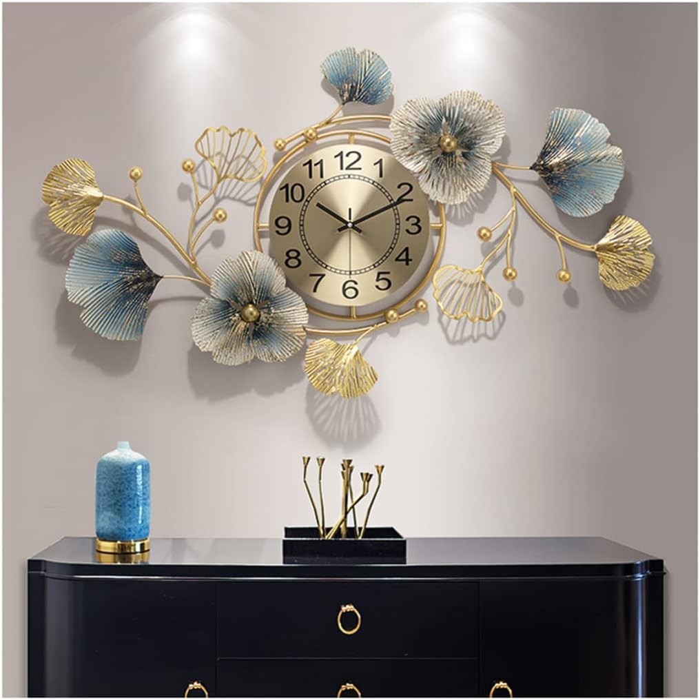 Large Silent Wall Clock Gold Ginkgo Leaf Art Decor Quartz 83x48cm