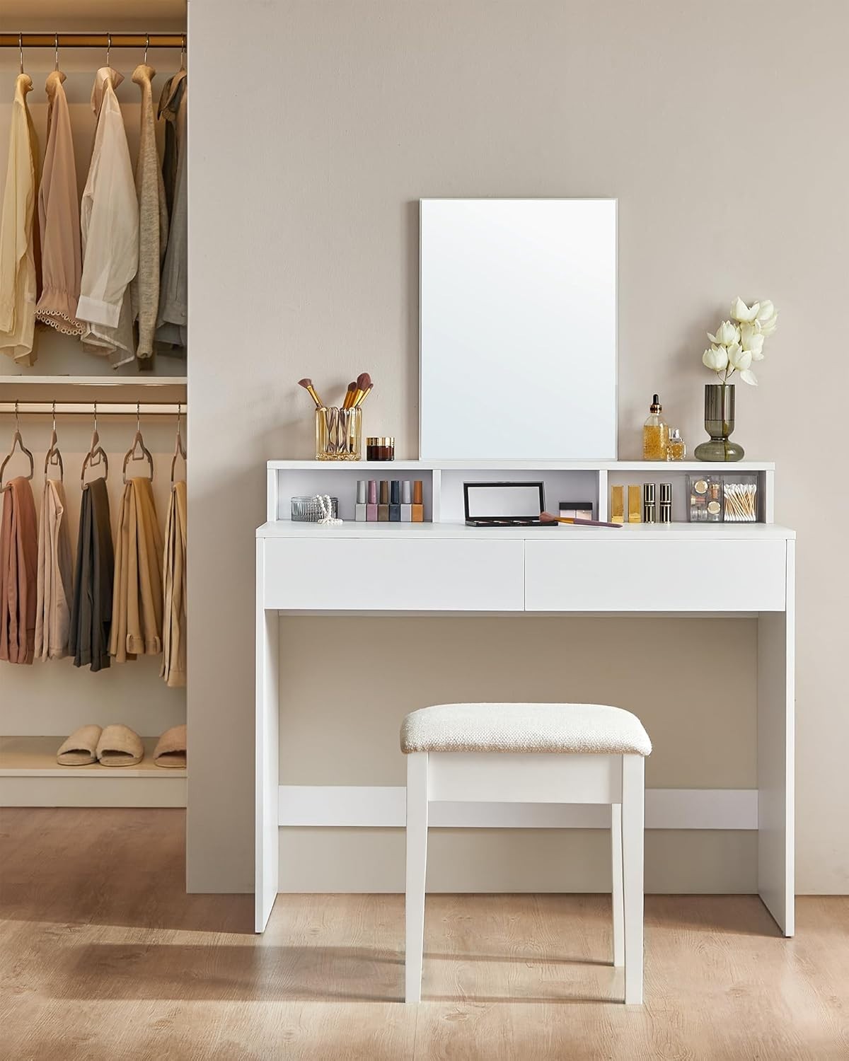 Modern Makeup Vanity Dressing Table Desk Storage Drawers Mirror White Wood