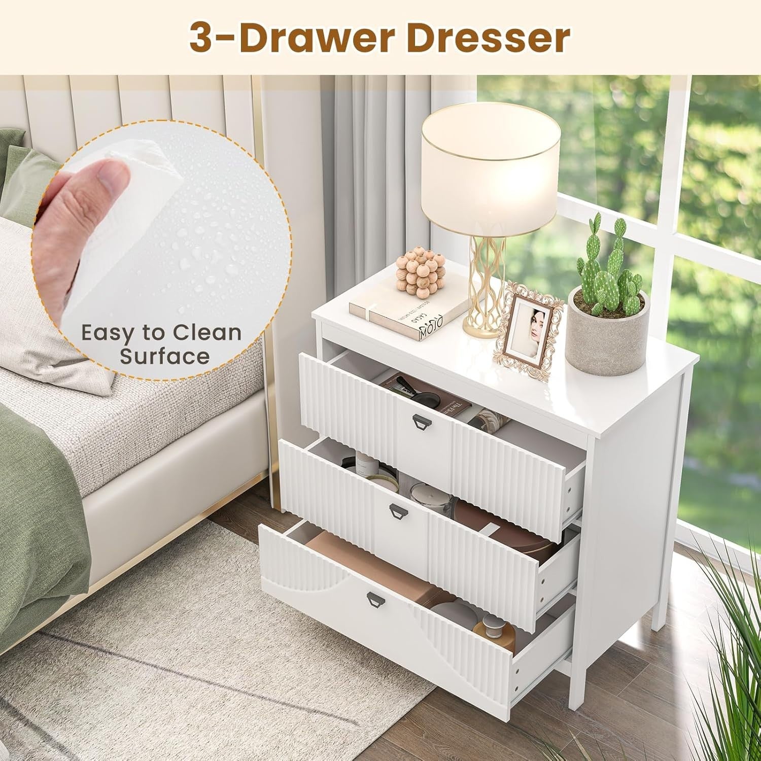 3-Drawer White Wooden Chest Dresser Storage Cabinet for Bedroom & Living Room
