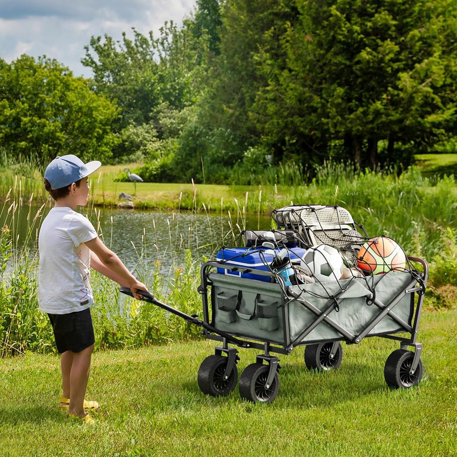 Grey Folding Beach Wagon Cart w/ Table Oversized Wheels Adjustable Handle 220lb