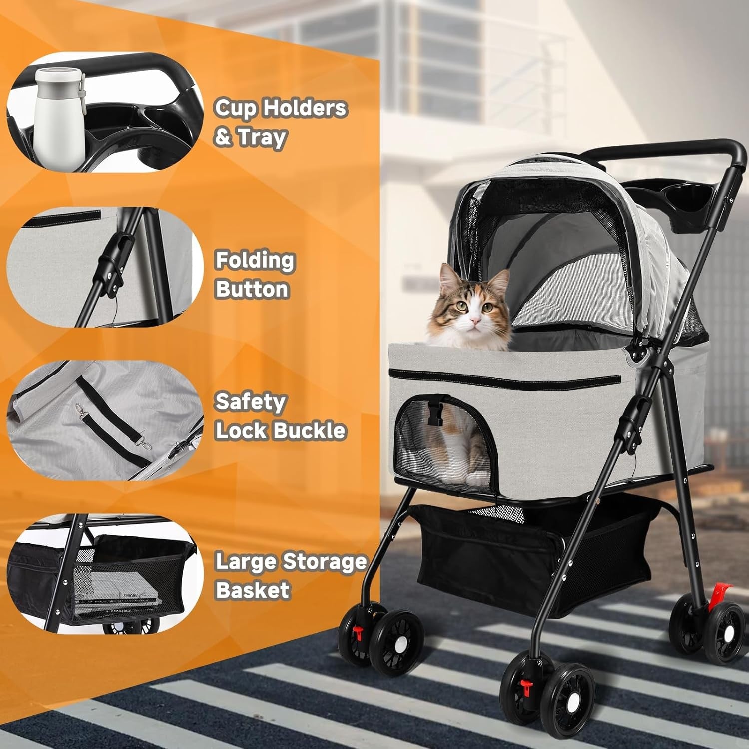 Pet Stroller 4 Wheel Foldable Pushchair for Small Dogs Cats up to 15kg